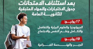 بعد استئناف الامتحانات.. جدول الاختبارات والمواد المتبقية للثانوية العامة.. إنفوجراف بعد استئناف الامتحانات.. جدول الاختبارات والمواد المتبقية للثانوية العامة.. إنفوجراف